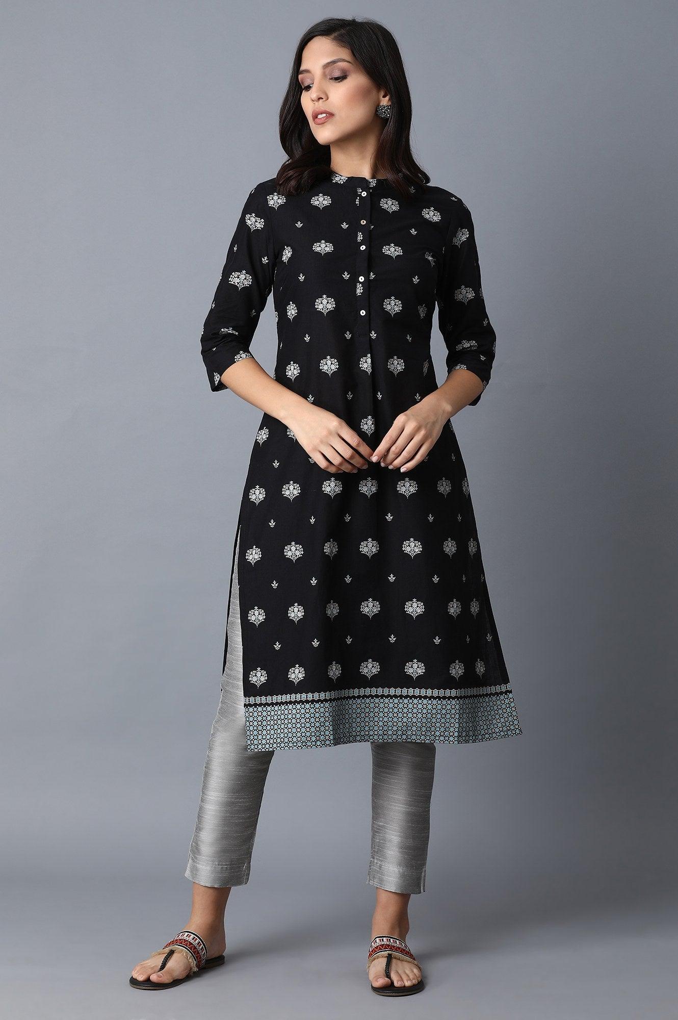 Black Printed Straight kurta - wforwoman