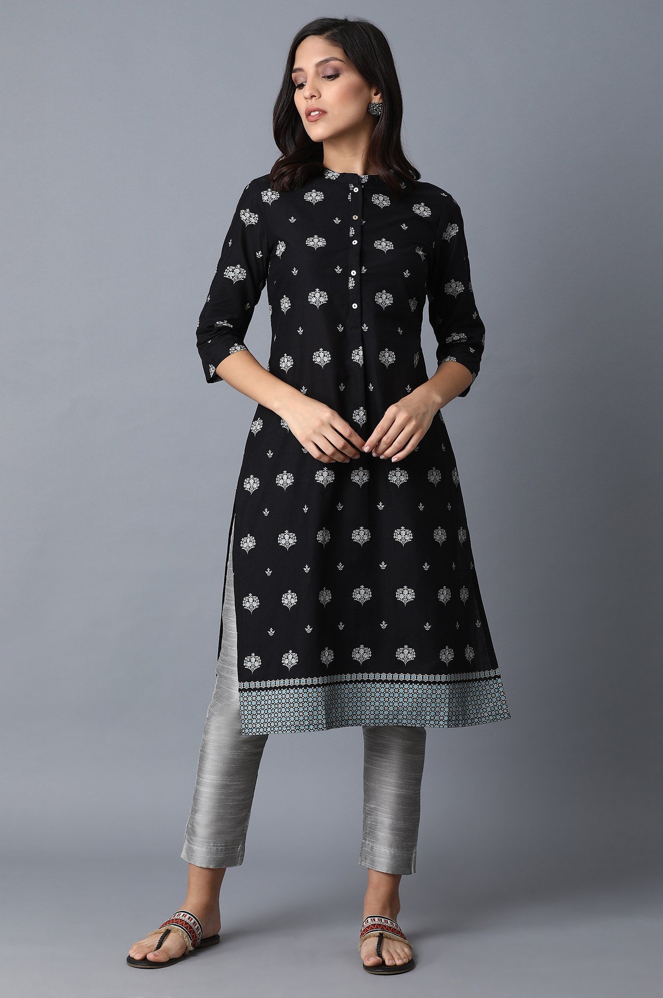 Black Floral Straight Cotton Kurta