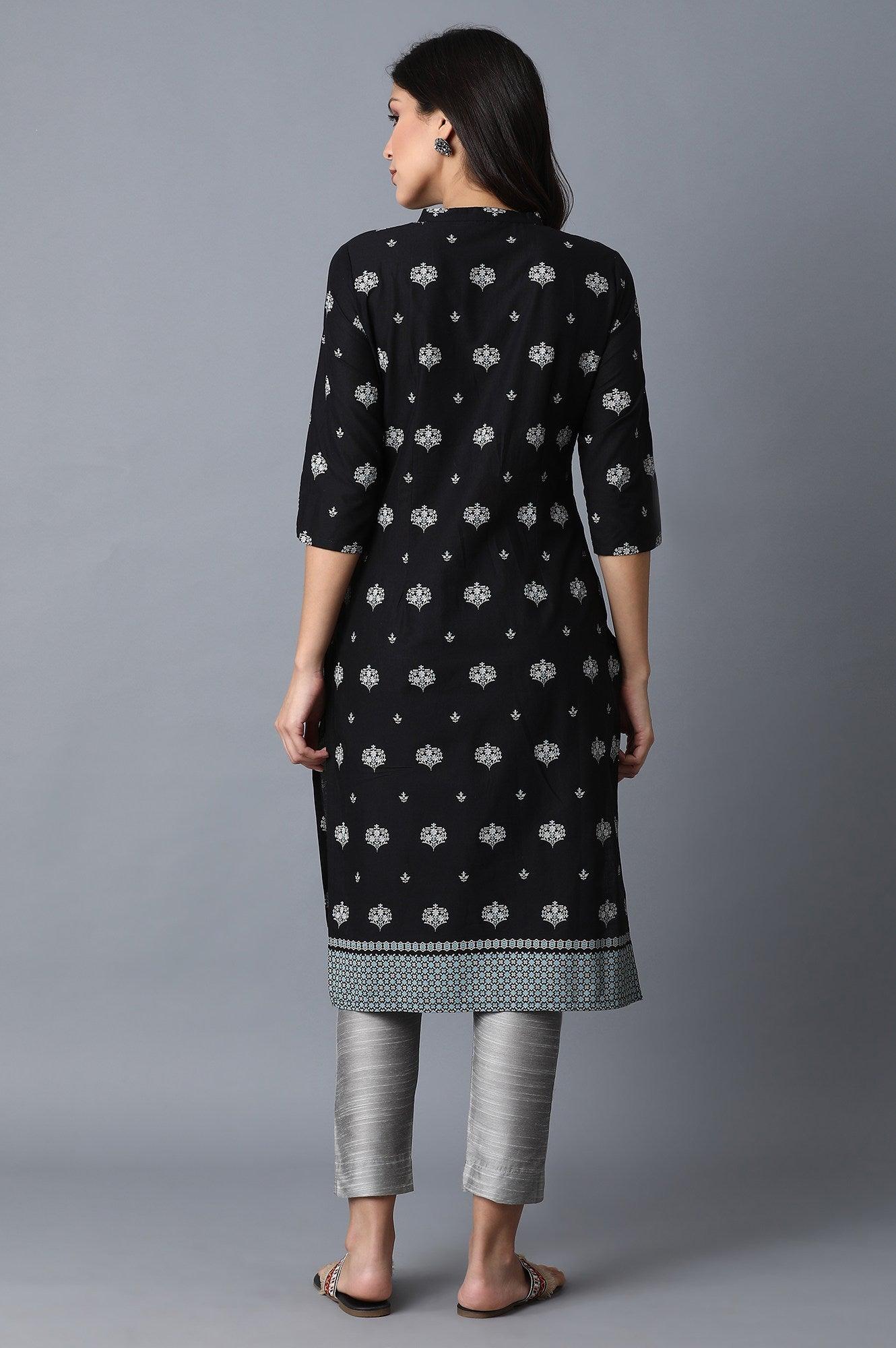 Black Printed Straight kurta - wforwoman