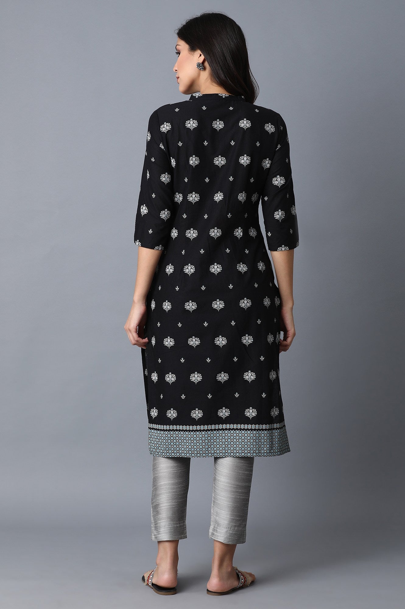 Black Floral Straight Cotton Kurta