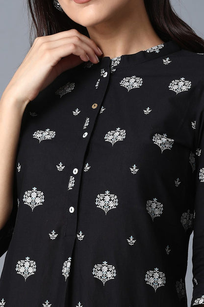 Black Geometric Printed Pure Cotton Straight Kurta