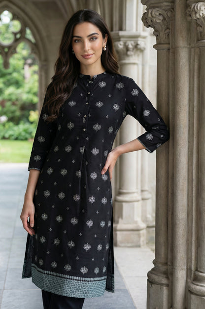 Black Geometric Printed Pure Cotton Straight Kurta
