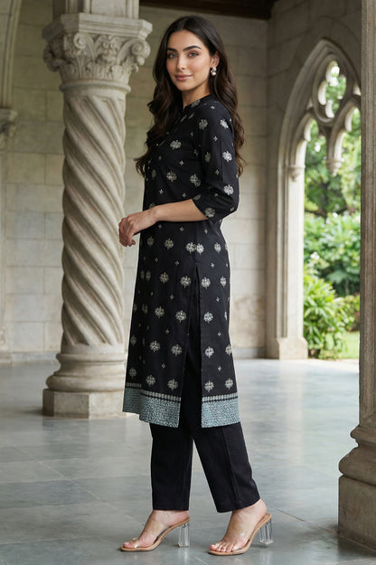 Black Geometric Printed Pure Cotton Straight Kurta