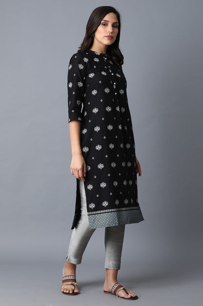 Black Floral Straight Cotton Kurta