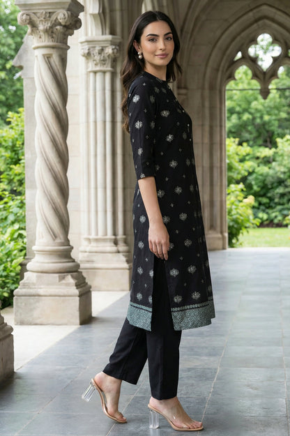 Black Geometric Printed Pure Cotton Straight Kurta