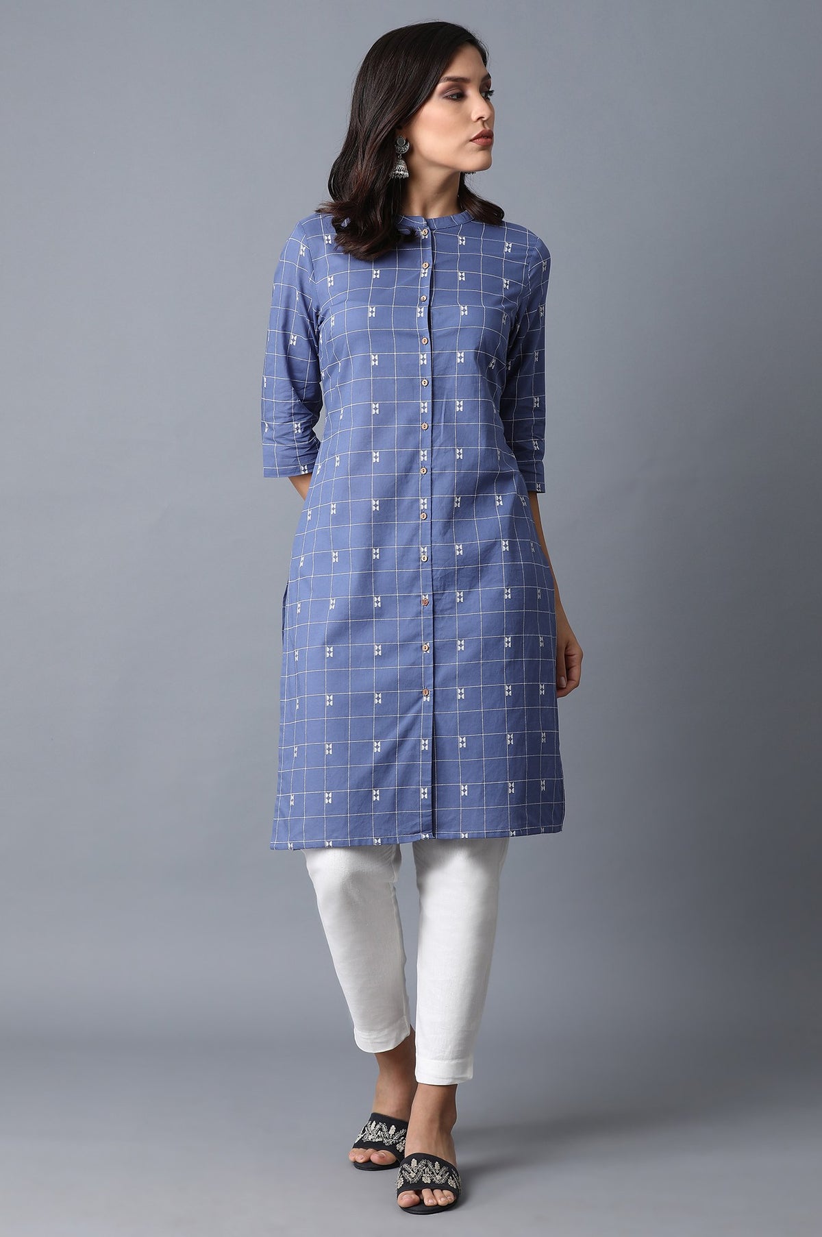 Blue Geometric Straight Cotton Kurta - XS
