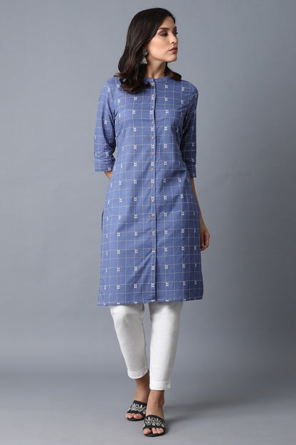 Blue Geometric Straight Cotton Kurta