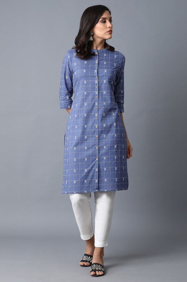 Blue Geometric Straight Cotton Kurta