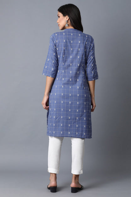 Blue Geometric Straight Cotton Kurta