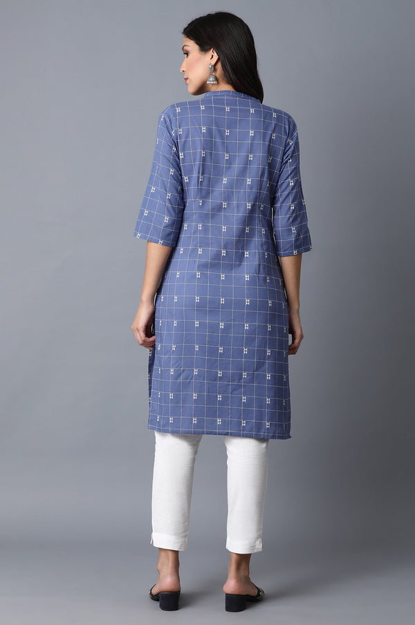 Blue Geometric Straight Cotton Kurta