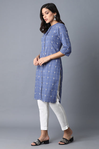 Blue Geometric Straight Cotton Kurta