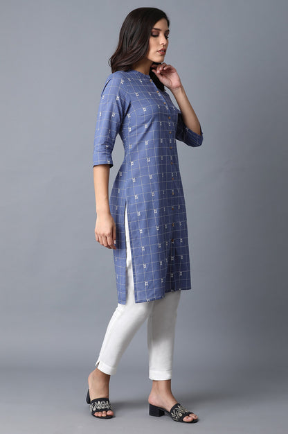 Blue Geometric Straight Cotton Kurta