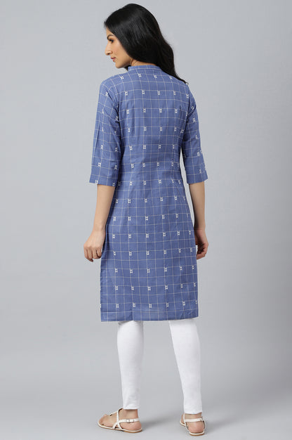 Blue Geometric Straight Cotton Kurta