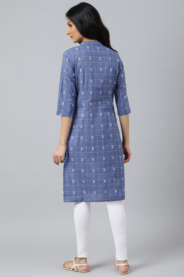 Blue Geometric Straight Cotton Kurta
