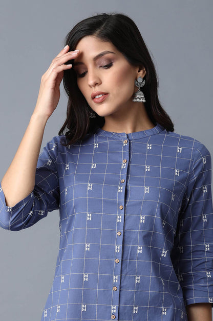 Blue Geometric Straight Cotton Kurta