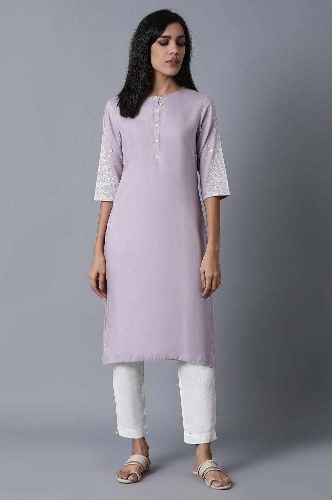Lilac kurta With Printed Yoke - S