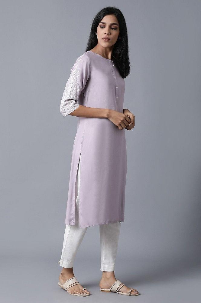 Lilac kurta With Printed Yoke - wforwoman