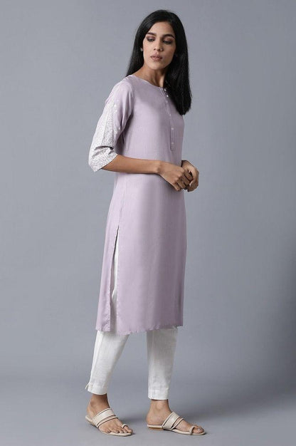 Lilac kurta With Printed Yoke - wforwoman