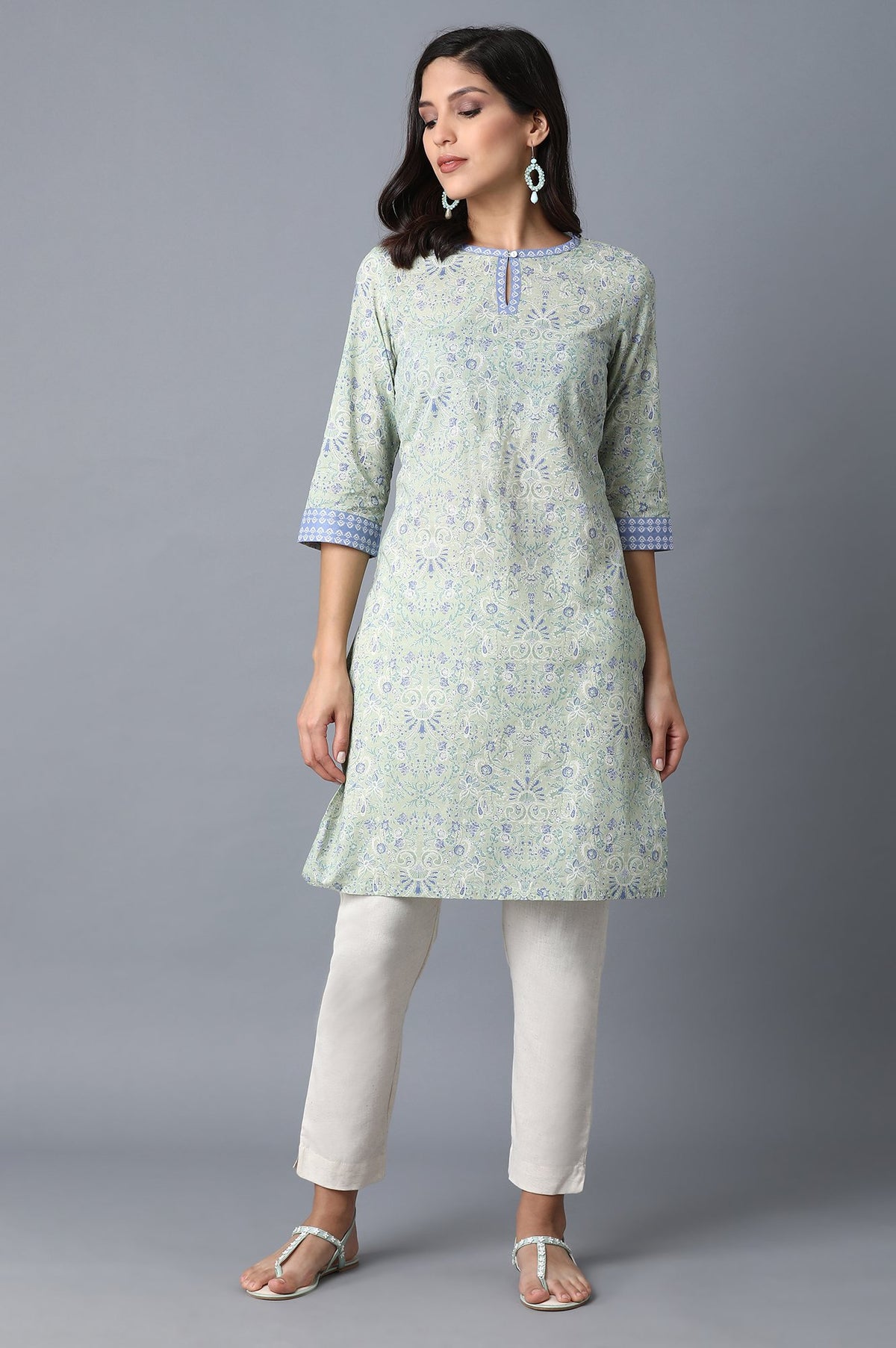Green Floral Printed Tape Straight Cotton Kurta - XS