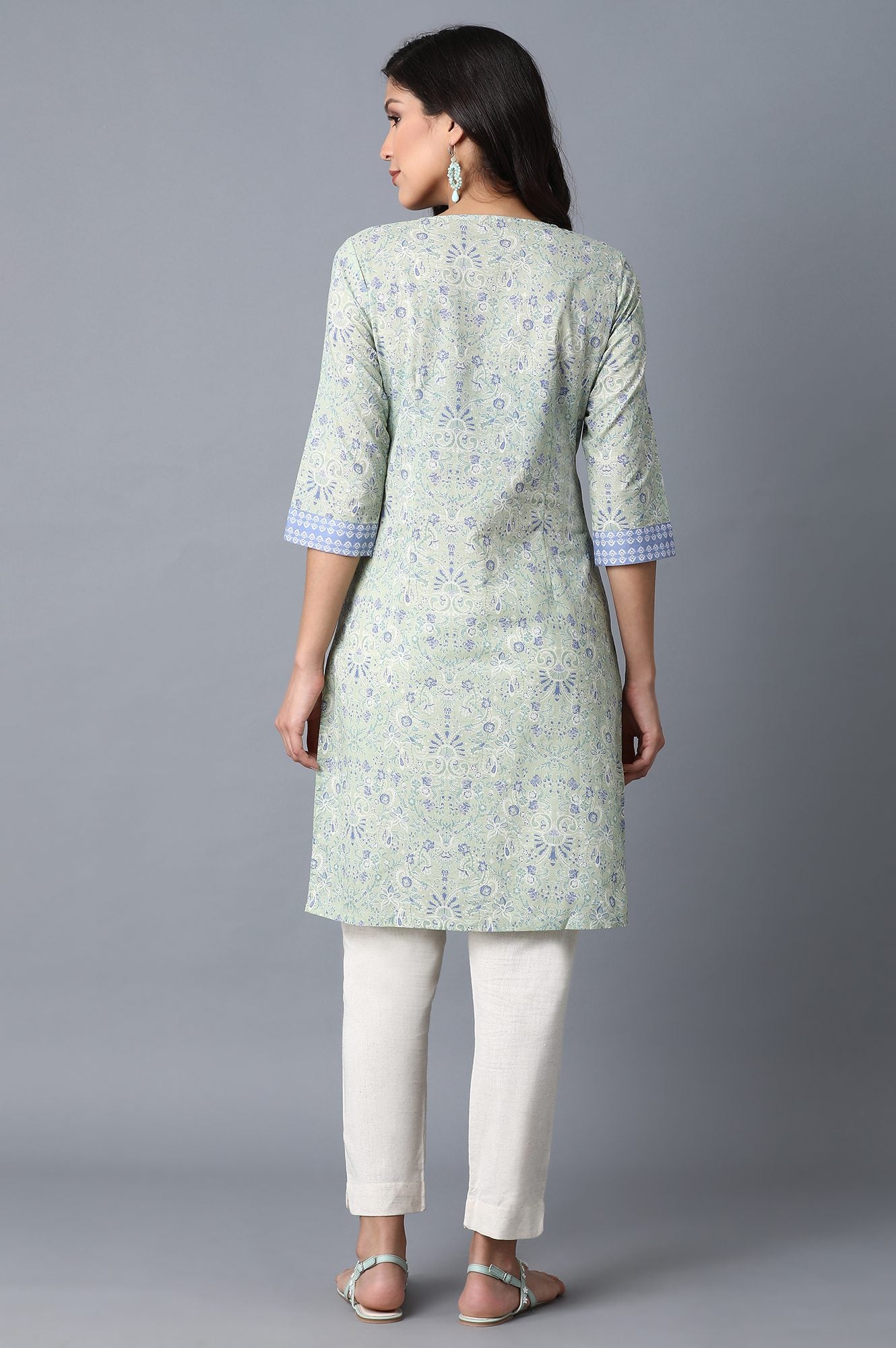 Green Floral Printed Tape Straight Cotton Kurta