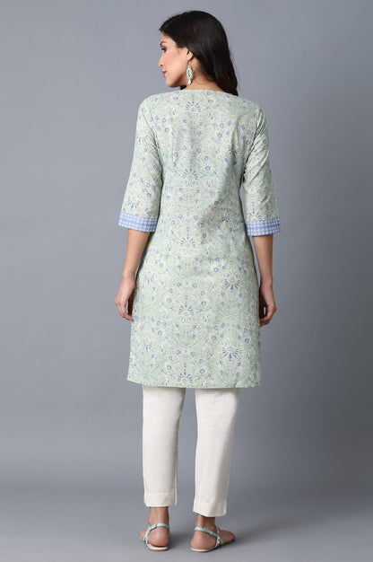 Green Floral Printed Tape Straight Cotton Kurta
