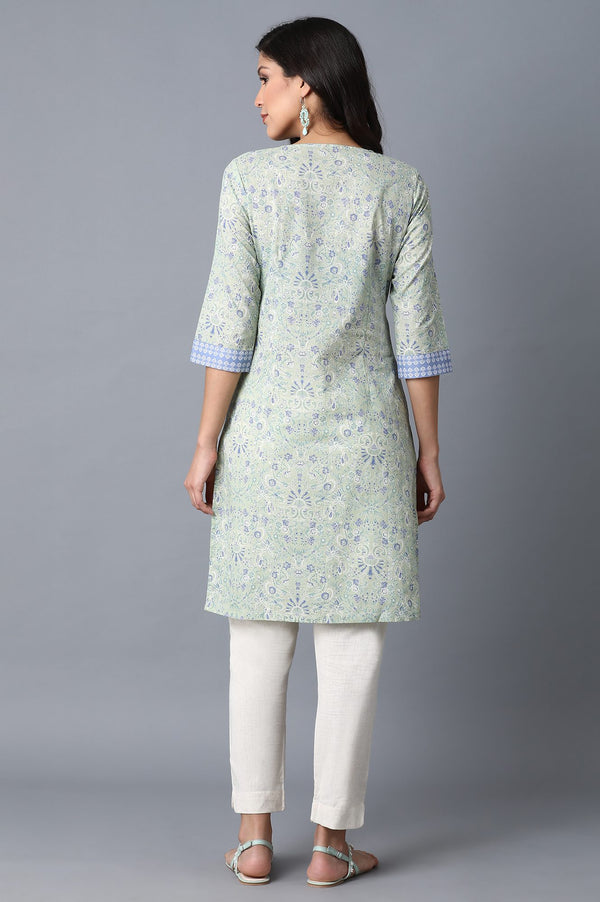 Green Floral Printed Tape Straight Cotton Kurta