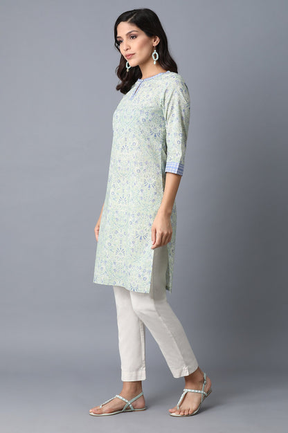 Green Floral Printed Tape Straight Cotton Kurta