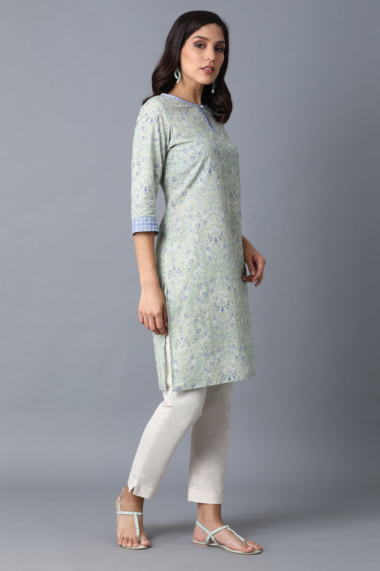Green Floral Printed Tape Straight Cotton Kurta