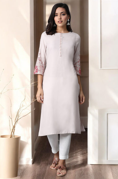 Light Pink Rayon Straight Kurta with Floral Printed Sleeves