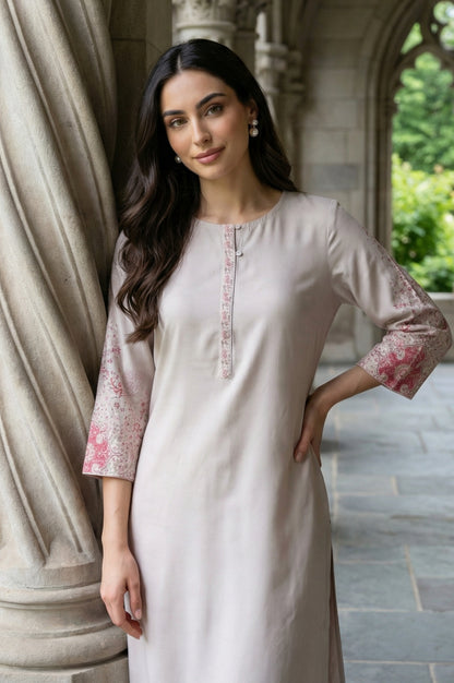 Light Pink Rayon Straight Kurta with Floral Printed Sleeves