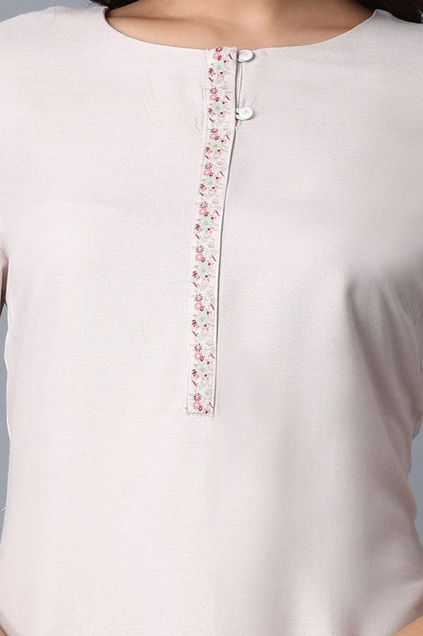 Light Pink Rayon Straight Kurta with Floral Printed Sleeves