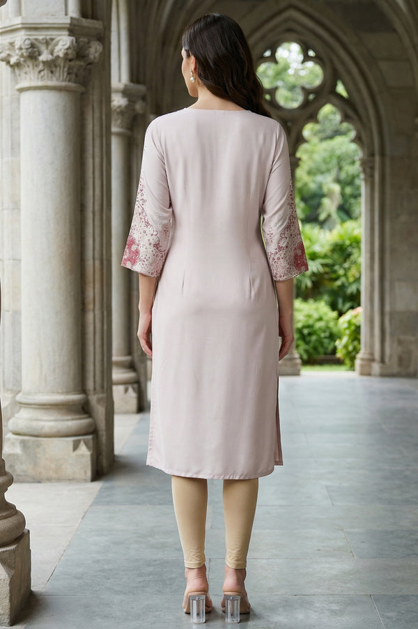 Light Pink Rayon Straight Kurta with Floral Printed Sleeves