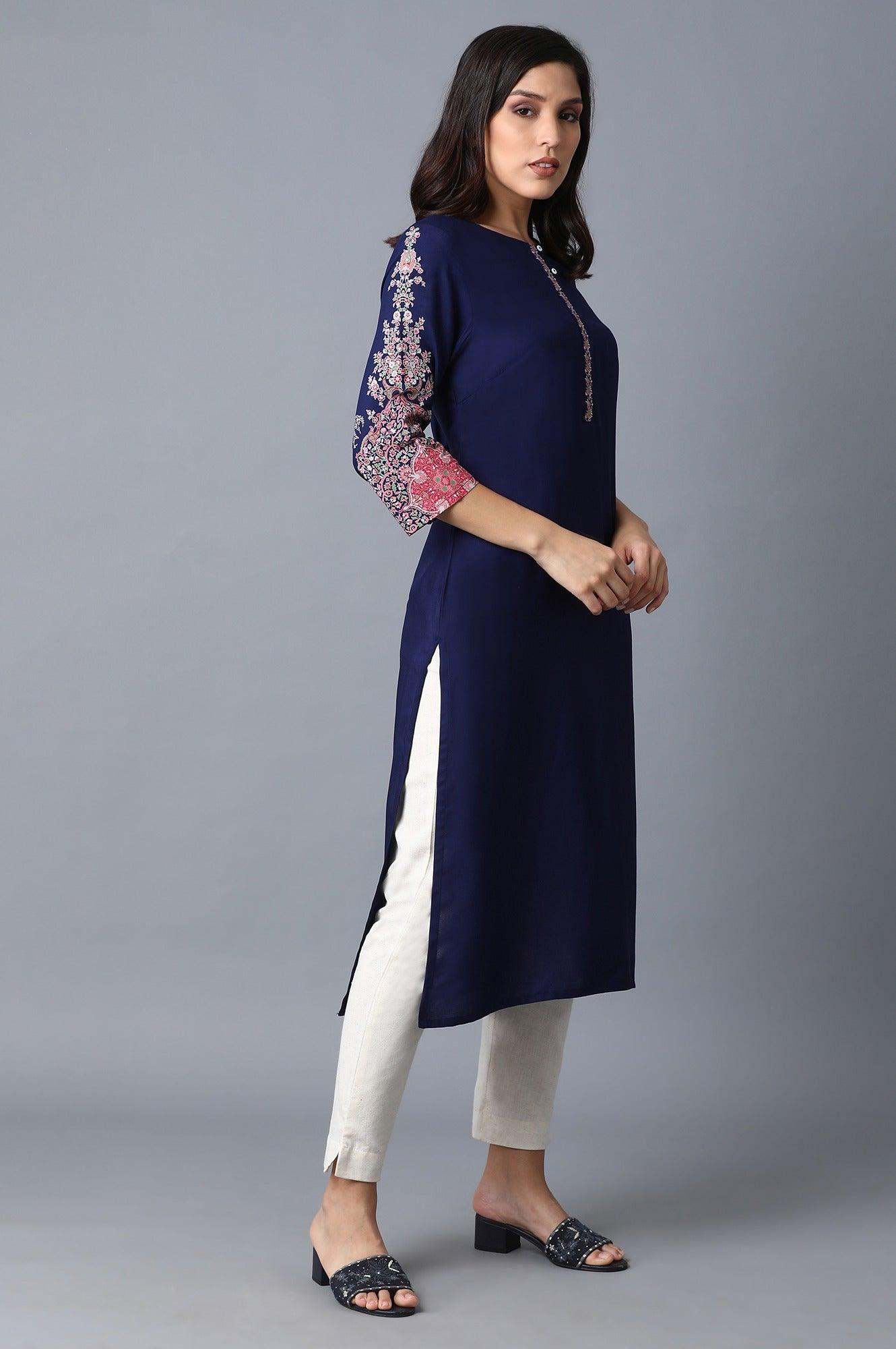 Navy Blue Printed kurta - wforwoman