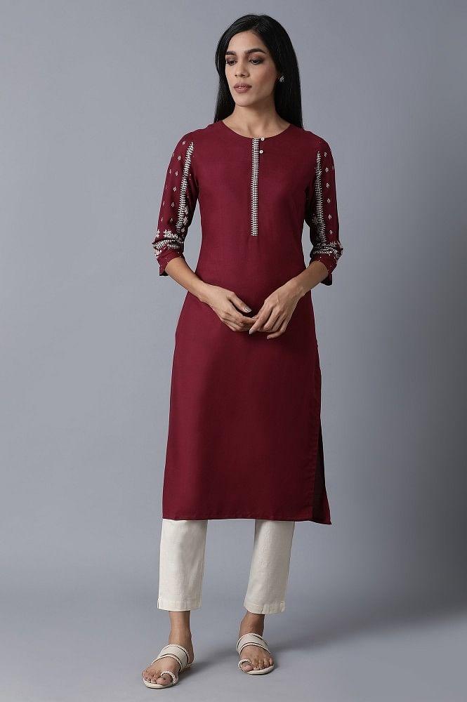 Maroon kurta With Printed Sleeves - XS