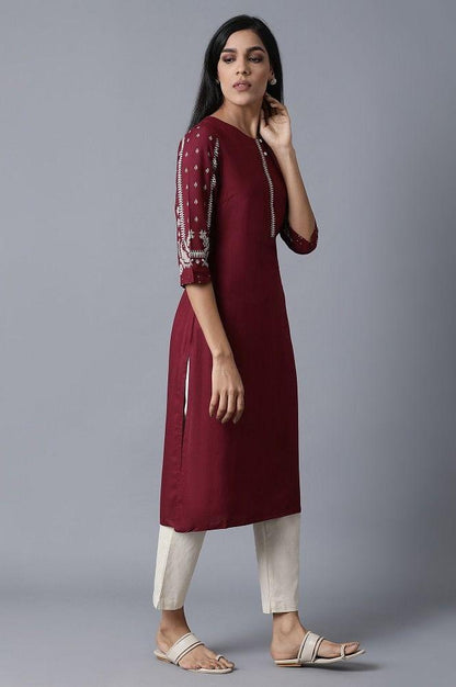 Maroon kurta With Printed Sleeves - wforwoman