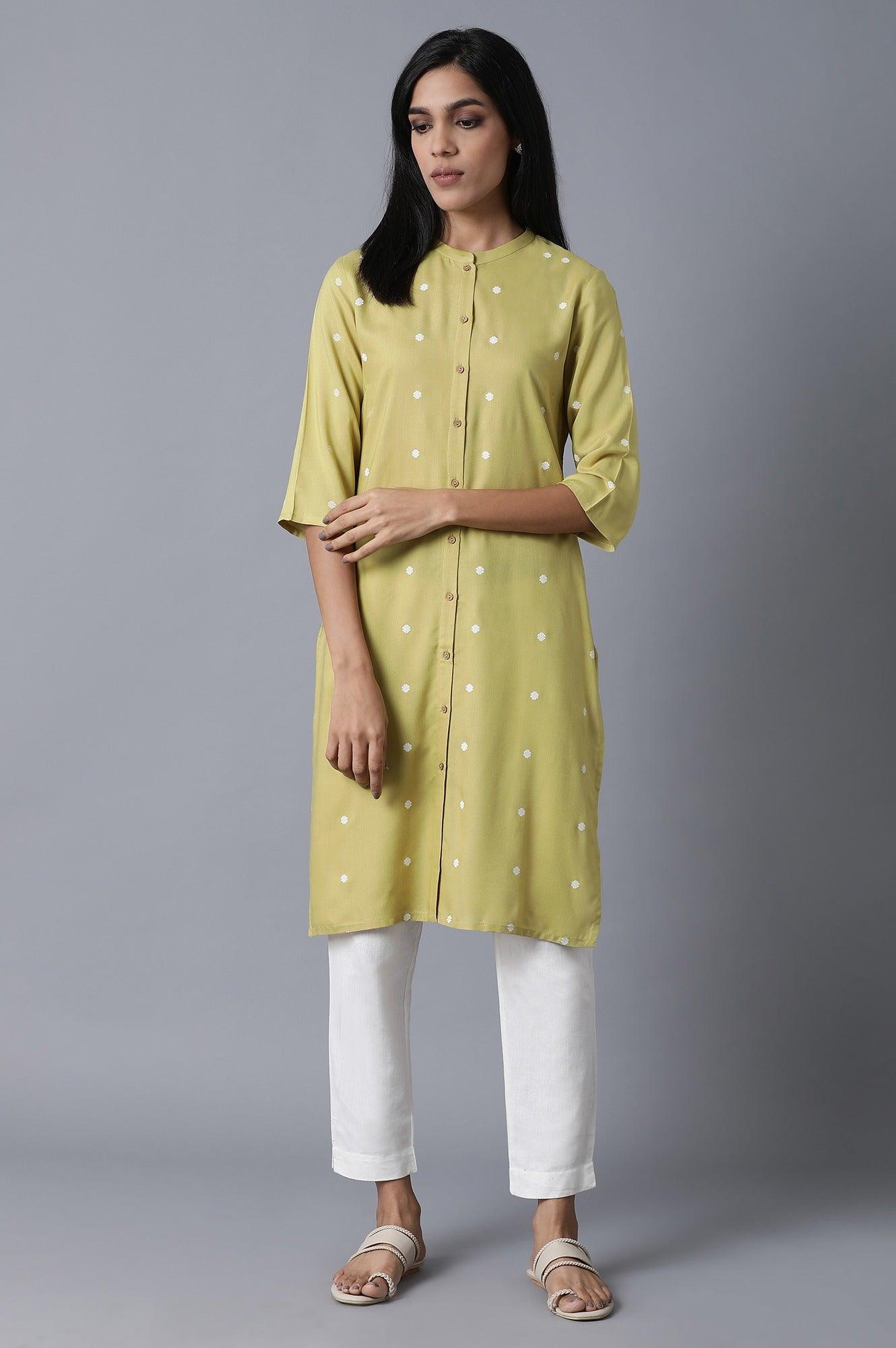 Lime Green Polka Print kurta - wforwoman