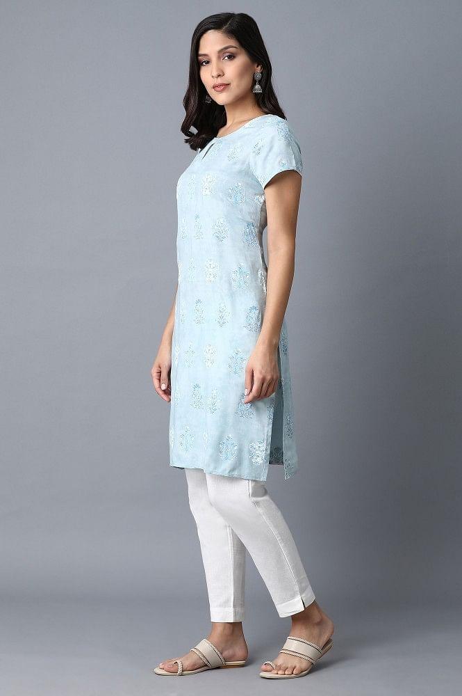 Light Blue Printed kurta - wforwoman