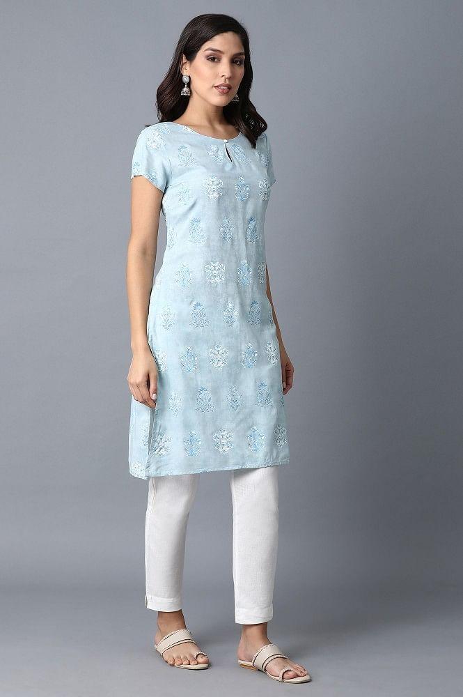 Light Blue Printed kurta - wforwoman