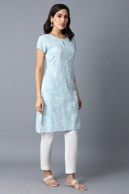 Light Blue Printed kurta - wforwoman