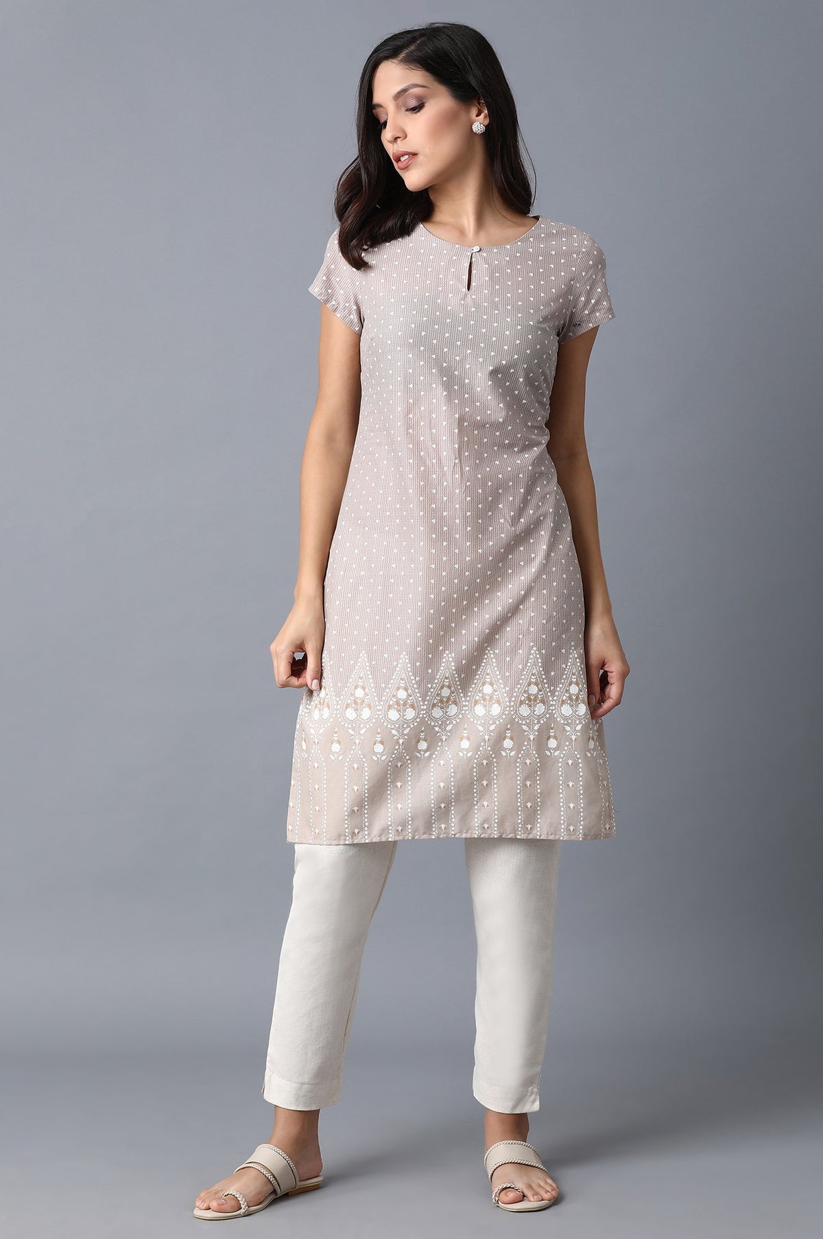 Beige Printed Kurta - XS