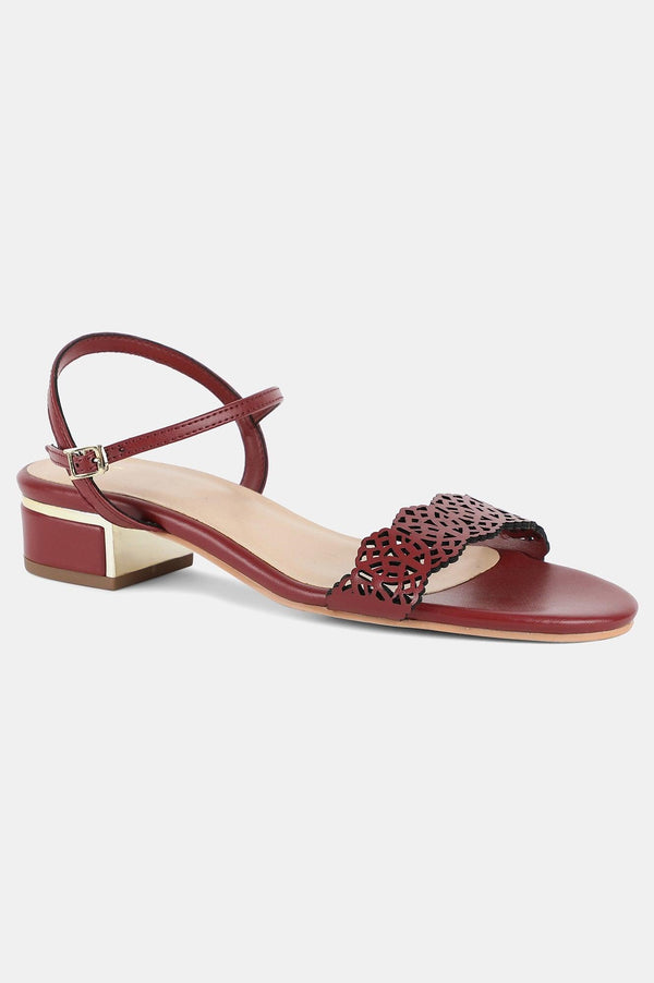 Red Almond Toe Laser Cut Block Heel-Wruby
