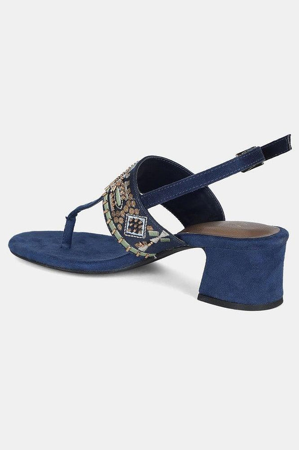 Navy Almond Toe Embroidered Block Heel - WSOFIA