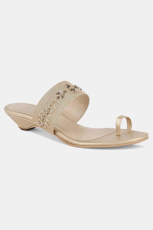 Tasar Gold Almond Toe Embroidery Kitten Heel-Wmolly