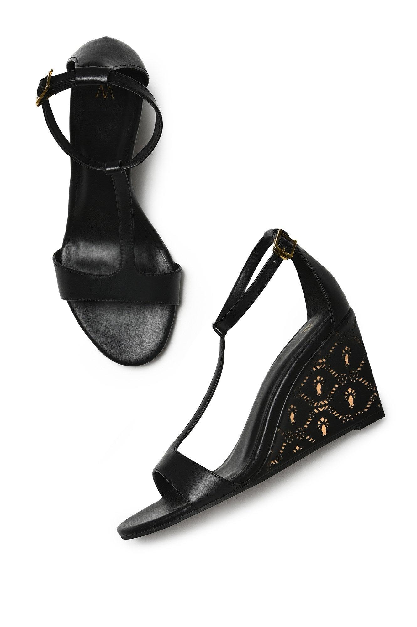Black Almond Toe Laser Cut Wedge-Wgracie - wforwoman