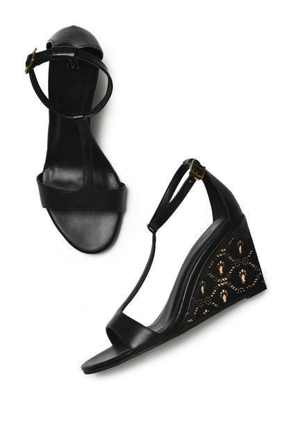 Black Almond Toe Laser Cut Wedge-Wgracie - wforwoman