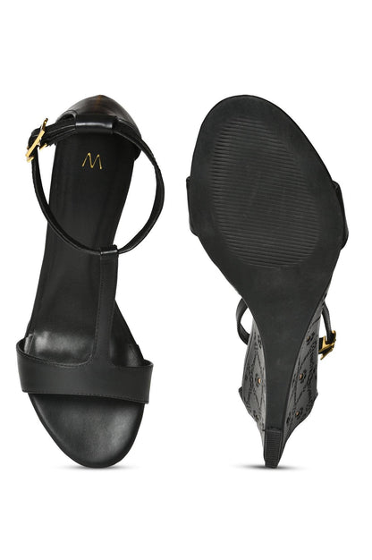 Black Almond Toe Laser Cut Wedge-Wgracie - wforwoman