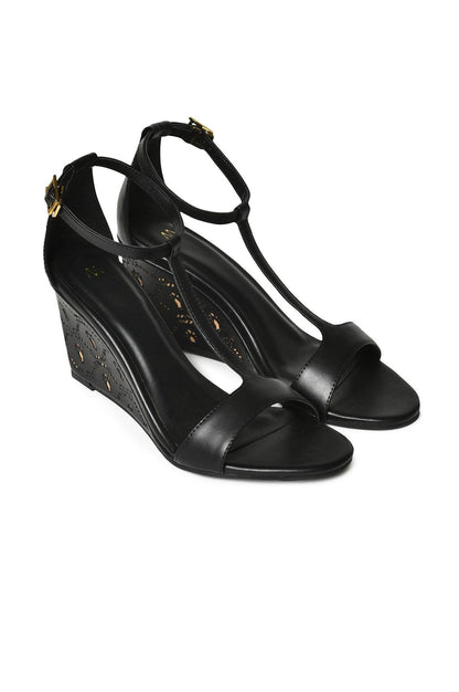 Black Almond Toe Laser Cut Wedge-Wgracie - wforwoman