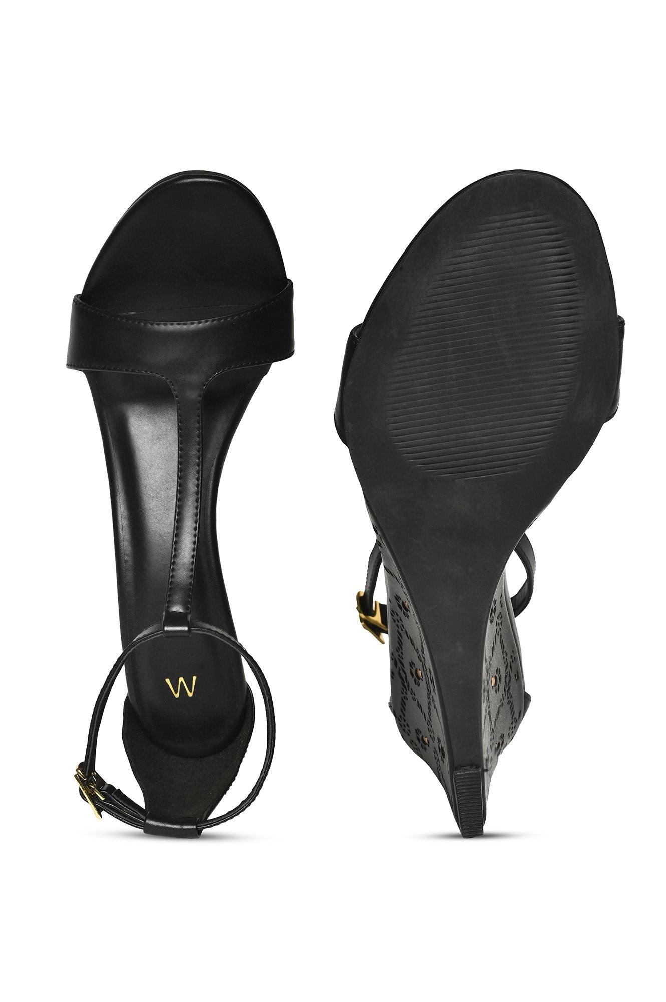 Black Almond Toe Laser Cut Wedge-Wgracie - wforwoman