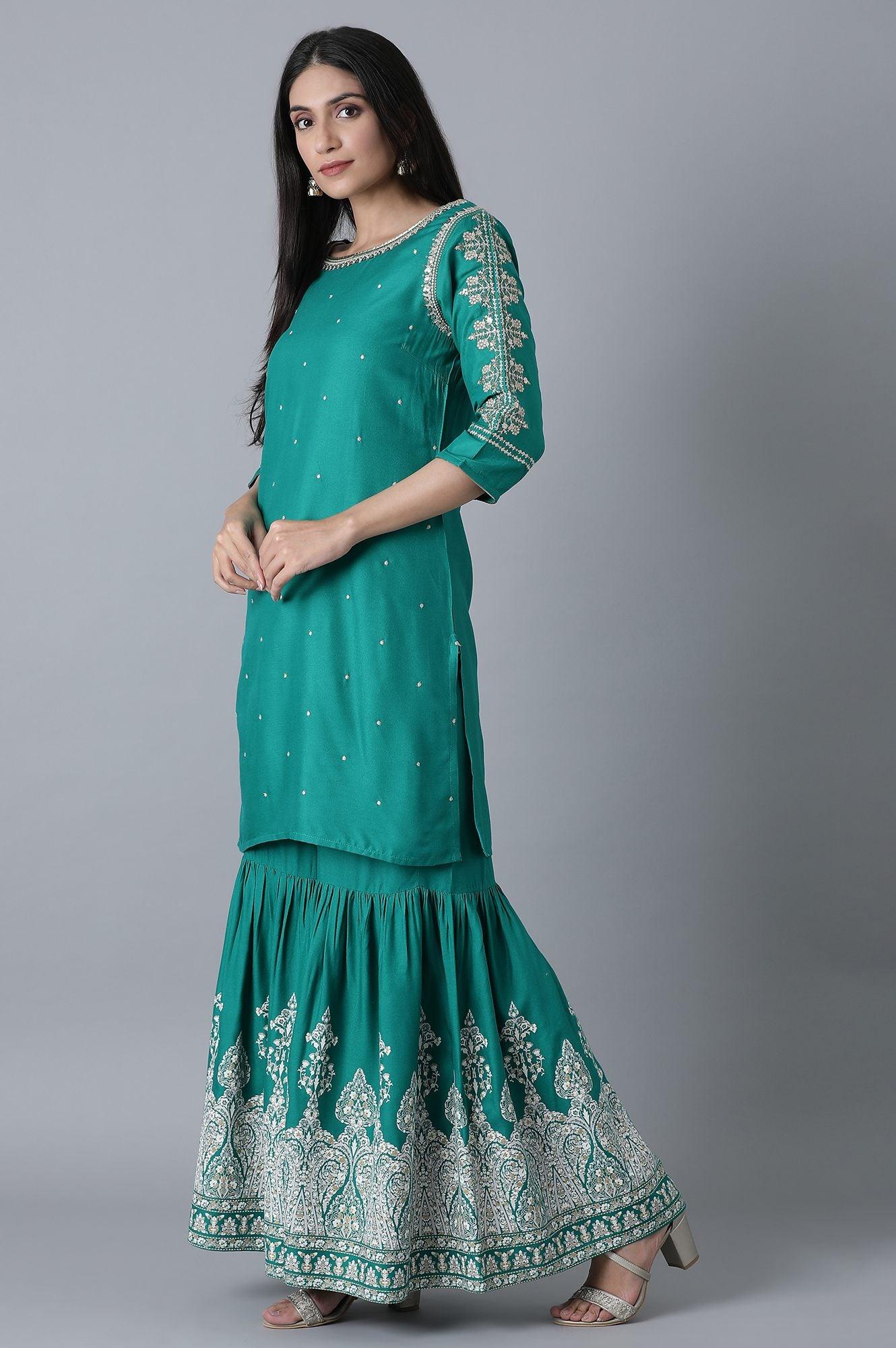 Signature Green Embroidered kurta-Printed Sharara Set - wforwoman
