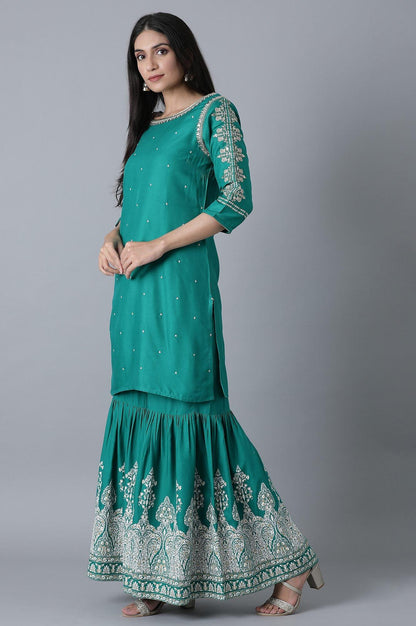 Signature Green Embroidered kurta-Printed Sharara Set - wforwoman